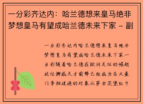 一分彩齐达内：哈兰德想来皇马绝非梦想皇马有望成哈兰德未来下家 - 副本