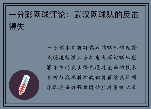 一分彩网球评论：武汉网球队的反击得失