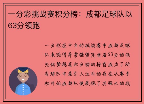 一分彩挑战赛积分榜：成都足球队以63分领跑