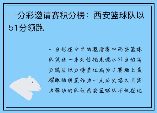 一分彩邀请赛积分榜：西安篮球队以51分领跑