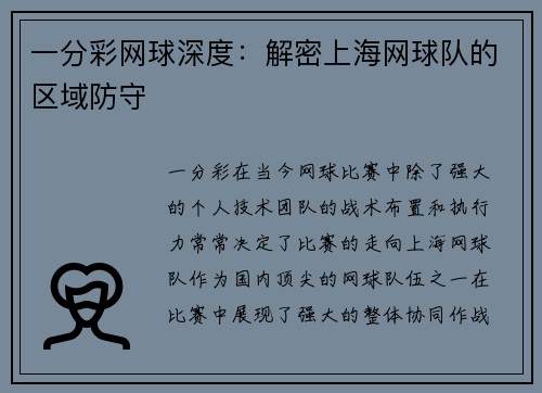 一分彩网球深度：解密上海网球队的区域防守
